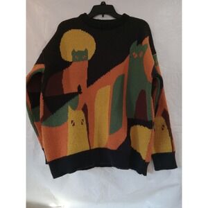 ELFric Eden Abstract Cat Graphic Knit Sweater Black Orange Yellow Green M